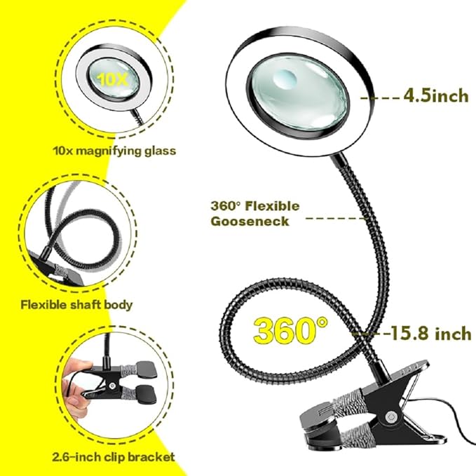 20X/10X Dual-lens Magnifying Glass with Light and Timer, Combination Lens Magnifier with Light, 3 Color Modes, 2 in 1 Magnifying Desk Lamp for Craft Hobby Painting Sewing Close Work(No Adapter)