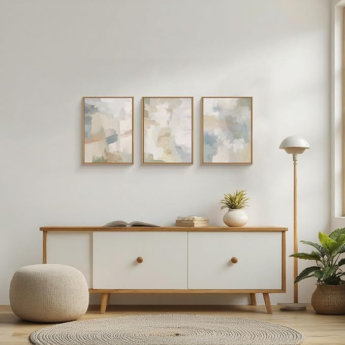 Abstract Gray Pastel Framed Canvas Wall Art Set,Neutral Watercolor Brush Stroke Wall Decor,Modern Minimalist Beige Illustration Artwork for Living Room,Bedroom,Dining Room -12"x16"x3