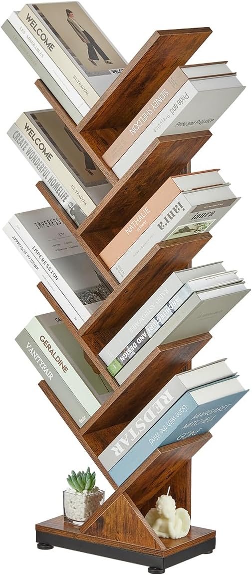ruboka 9 Tier Tree Bookshelf, 9 Shelf Floor Standing Bookcase Display for CDs/Magazine/Books, Retro Bookshelf for Bedroom, Living Room, Office,Balcony,Book Organizer Storage Shelves