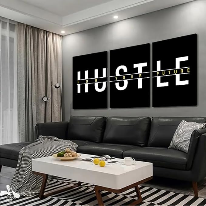 3 Panel Inspirational Office Wall Art - Black and White Canvas Painting Hustle For Your Future Motivational Poster Modern Entrepreneur Artwork Framed Print for Living Room Workplace Home, 20"x 28"x 3