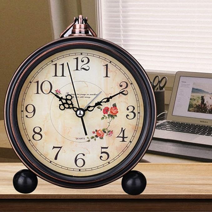 Vintage Analog Alarm Clock, 5.25 inch Small Silent Desk Clock with Night Light, Battery Operated for Table, Bedroom, Bedside, Living Room, Gift Clock (Flower)