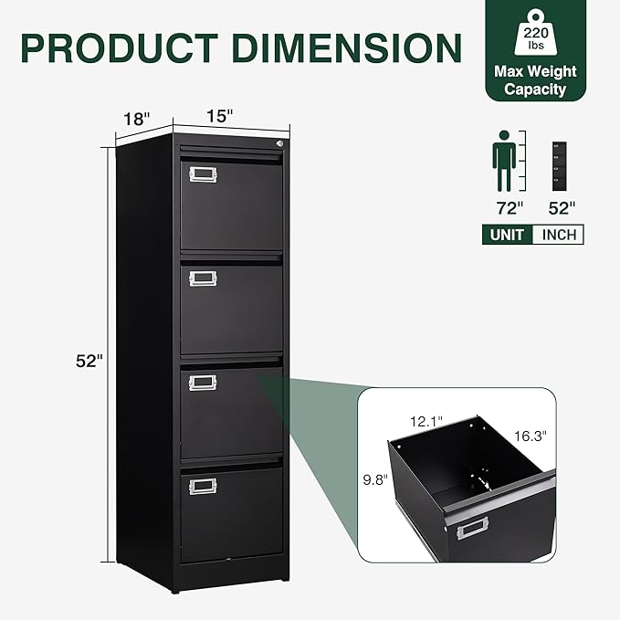 4 Drawer File Cabinet with Lock, Metal Filing Cabinets, Vertical Small Filing Cabinet Steel Lockable Storage Cabinets for Home Office to Organization Hanging Letter/Legal/F4/A4