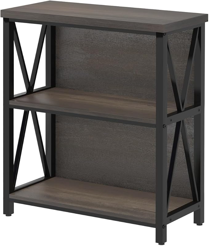 FATORRI Rustic Small Bookshelf for Small Space, Industrial Short Wood Bookcase, Farmhouse Low Book Shelf, 3 Tier Narrow Bookshelf for Living Room, Home Office, Hallway (Walnut Brown)