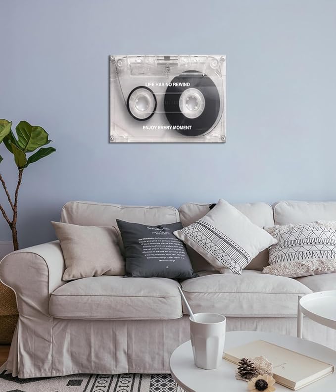 Yatsen Bridge Black and White Music Wall Art with Life Has No Rewind Enjoy Every Moment Motivation Words,Pop Culture Abstract Cassette Wall Painting Stretched and Framed Ready to Hang-18"X24"