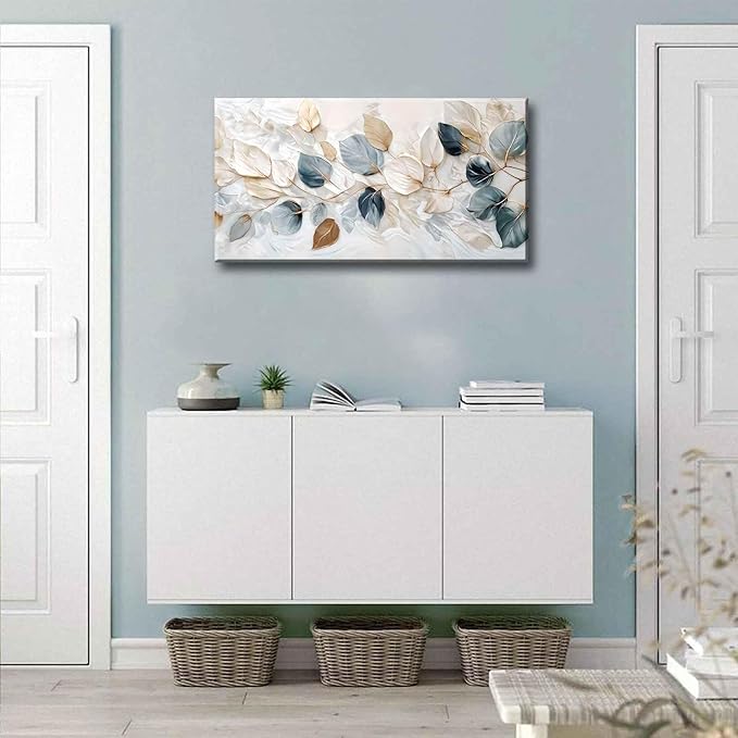 Large Living Eucalyptus Leaf Canvas Wall Art Teal White Botanical Abstract Decor painting Pictures Modern Nordic Plant Flowers Posters Prints for Bathroom Bedroom Office Hallway Home Decoration