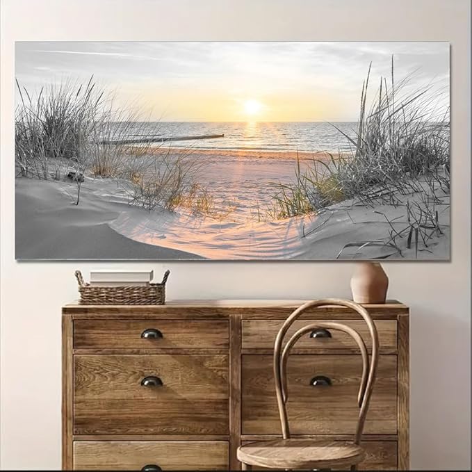 Yxbhhym-Black and White Sunset Beach Wall Art Coastal Room Decor Ocean Picture for Living Room Wall Art Bedroom Seascape Artwork Prints Sea Scene Painting Modern Bathroom Office Decor