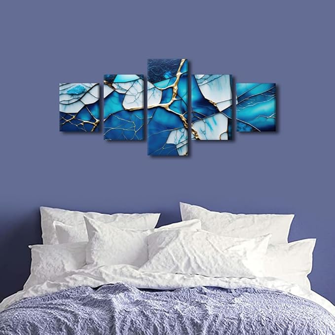Wall Art Canvas Decor Modern Abstract Canvas Wall Art 5 Panel Home Wall Poster Ice Blue Colorful Glass Window Picture Printing for Minimalist Enthusiasts Bedroom Decor Framed Ready to Hang 50x24 in
