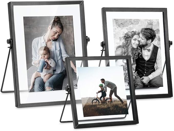 ZONYEO Set of 3 Glass Picture Frame, Collection Simple Metal Floating Frame with Glass Cover Includes 4x4, 4x 6, 5x7