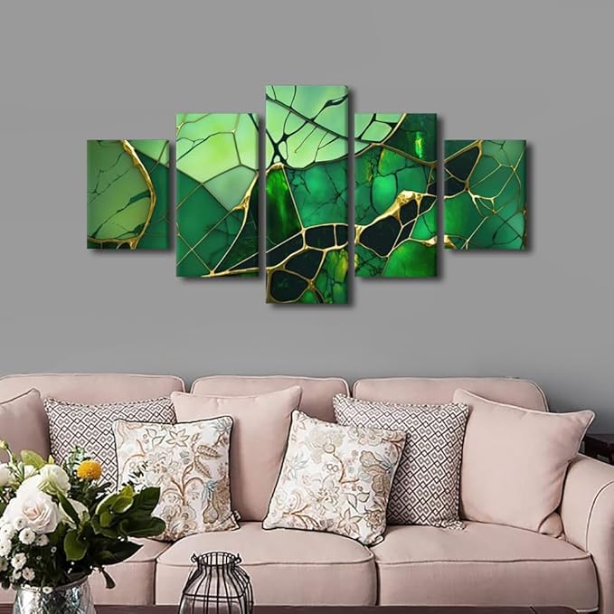 Abstract Canvas Wall Art Decor for Men Living Room Canvas Art 5 Panel Green Glass Abstract Art Modern Colorful Art Nouveau Poster for Men Lady Bedroom Home Wall Decor Framed Ready to Hang 60x32 in