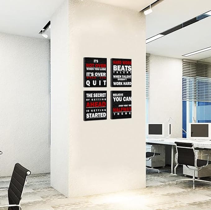 Red Black Motivational Canvas Wall Art Gym Office Wall Decor Sign - Work Hard Beats Talent - Believe You Can - It's Not Over When You Lose