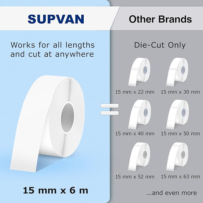 SUPVAN E10 Bluetooth Label Maker Machine with 3 Tapes, Continuous Waterproof Label, Versatile App with 35 Fonts and 1k+ Icons, Inkless Labeler for Home, Kitchen, School, Office Organization, Black