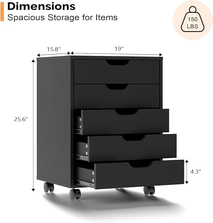 VINGLI 5 Drawers Mobile File Cabinet with Wheels, Under Desk Storage Organization, Vertical Filing Chest Rolling Wood Small Desk Printer Stand for Home Office, 19" W × 15.8" D × 25.6" H, Black