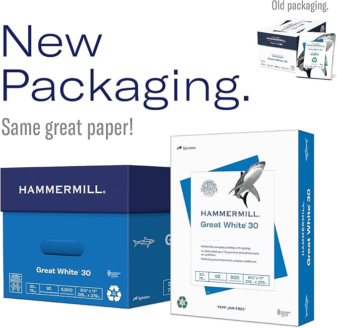 Hammermill Printer Paper, Great White 30% Recycled Paper, 8.5 x 11-10 Ream (5,000 Sheets) - 92 Bright, Made in the USA, 086700C