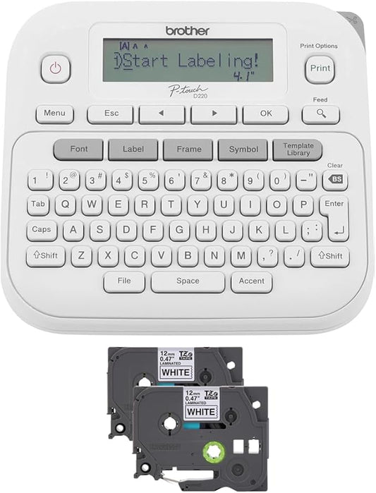 Brother PTD220 Home/Office Everyday Label Maker Bundle with TZe2312PK P-Touch Black Print on White Laminated Label Tape