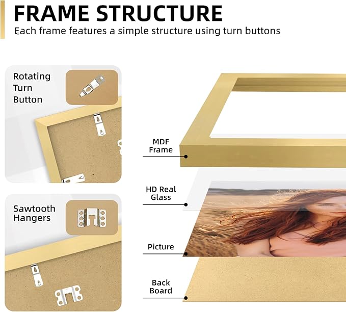 iRahmen Collage Picture Frames Set of 10, Wall Decor for Mounting or Tabletop Display, Family Photo Gallery Frame Set - Multi Sizes Including Two 8x10, Four 5x7, Four 4x6, HD Glass, Wooden, Gold