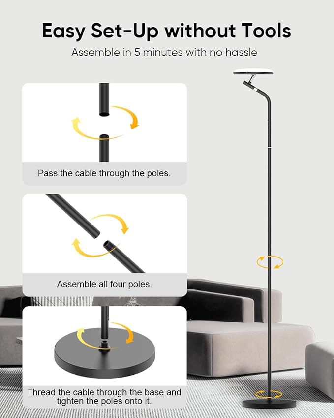 LED Floor Lamp, 36W Super Bright Standing Lamp with Remote & Touch Control, 69" Stepless Dimmable Torchiere Tall Lamp, 350° Rotating Head Floor Lamp for Bedroom, Living Room, Office, Black