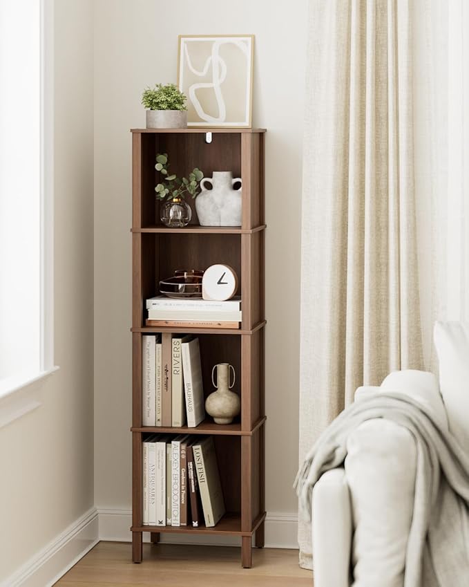 Bookshelf, Modern 4-Tier Bookcase, Open Storage Book Shelf, 11 × 14.2 × 50.4 Inches, Small Narrow Bookshelves for Living Room, Home Office, Bedroom, Walnut