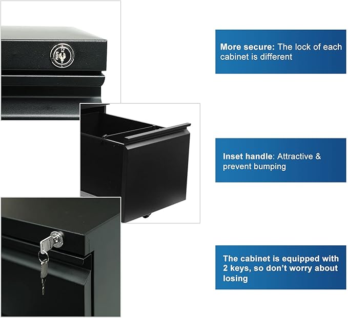 3-Drawer 15.4" W Classic File Cabinet with Lock, Metal Filling Cabinets Suits Legal/Letter Size for Home Office, Fully Assembled Except Wheels, Grey (3-Drawer Widen, Black)