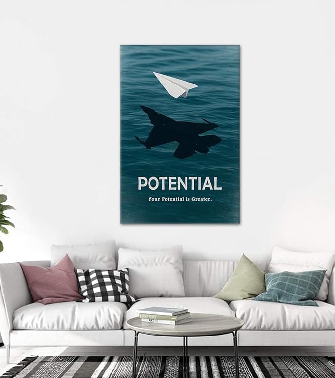 Motivational Potential Wall Art - Your Potential is Greater with Blue Ocean Background Canvas Prints Entrepreneur Poster Inspirational Quote Wall Decor for Office Living Room Home, Framed 28"x44"