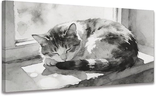 Black White Cat Framed Canvas Wall Art for Bedroom, Minimalist Animal Wall Decor 40" L x 20" W