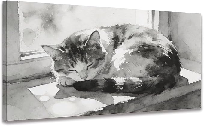 Black White Cat Framed Canvas Wall Art for Bedroom, Minimalist Animal Wall Decor 32" L x 16" W