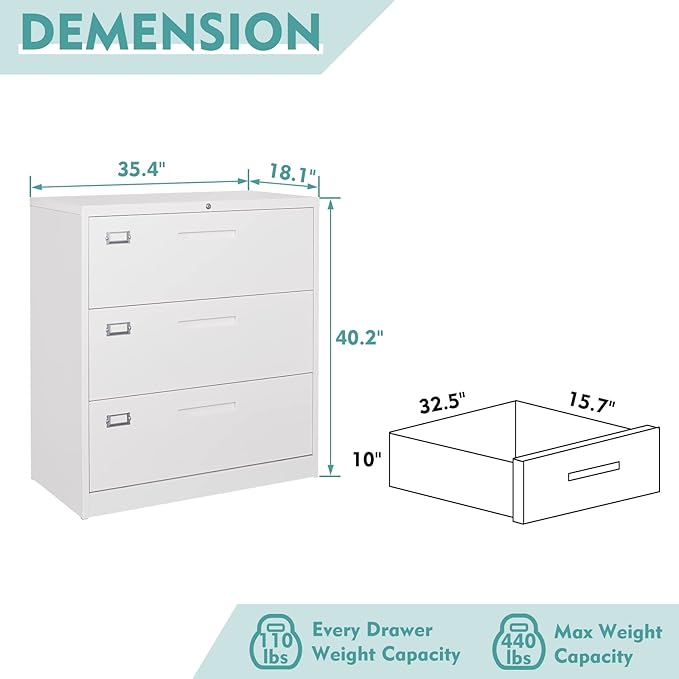 MIIIKO 3 Drawer Lateral File Cabinet with Lock, White Lateral Filing Cabinet, Large Deep Drawers Locked by Keys, Metal Storage File Cabinet for Hanging Files Letter/Legal/F4/A4 Size