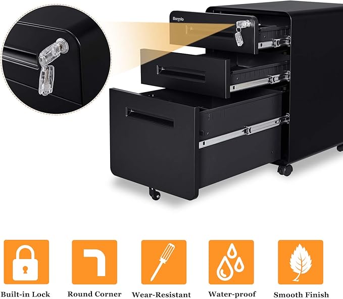 Bonnlo 23.8" H 3 Drawer Rolling File Cabinet With Lock, Mobile Under Desk With Pencil Tray, Black Locking for Home Office, Metal Filing Printer Stand Fully Assembled