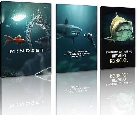 Motivational Wall Art - Framed Shark Poster Inspirational Canvas Prints Positive Quotes Wall Decor for Home, Office & Bedroom Living Room (20" x 28"x 3 Panel)