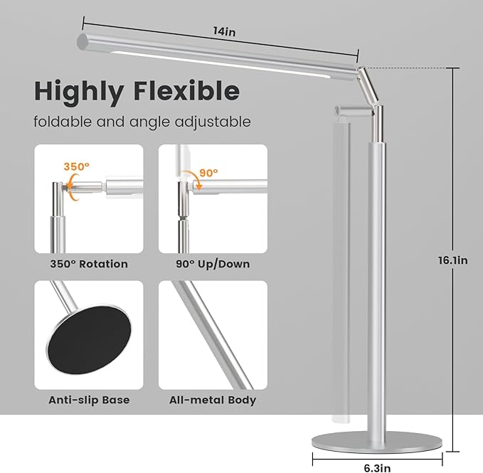 Silver LED Desk Lamp, 16" Dimmable Metal Desk Light with Base, 15W 1200LM, Adapter Included, Color & Brightness Adjustable, Modern Tall Table Lamp for Home Office Reading Study Task Laptop