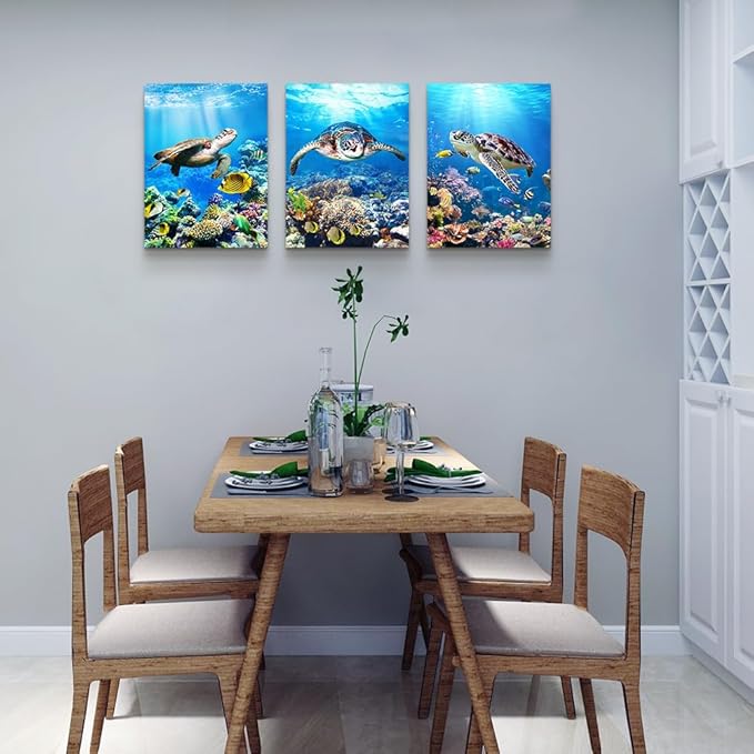 MHARTK66 Canvas Wall Art - Modern Decor for Living Room, Bedroom & Office - Sea Turtle Wall Paintings - Ocean & Underwater World Pictures - 3 Panels Ready to Hang - 12" X 16" Each