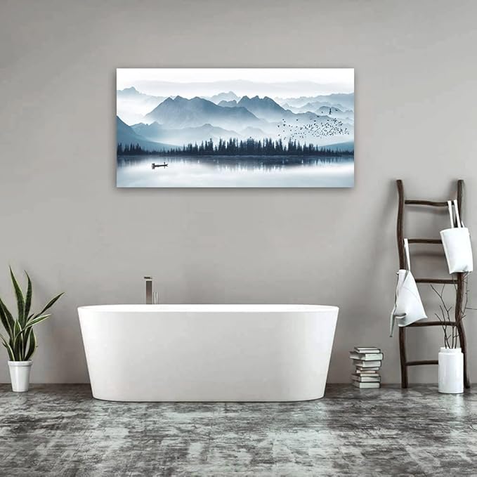 arteWOODS Indigo Canvas Wall Art Misty Mountain Wall Pictures Foggy Lake Boat Painting Print Blue Forest Birds Artwork Wall Decor for Living Room Wall Decorations Framed Ready to Hang 29" x 58"