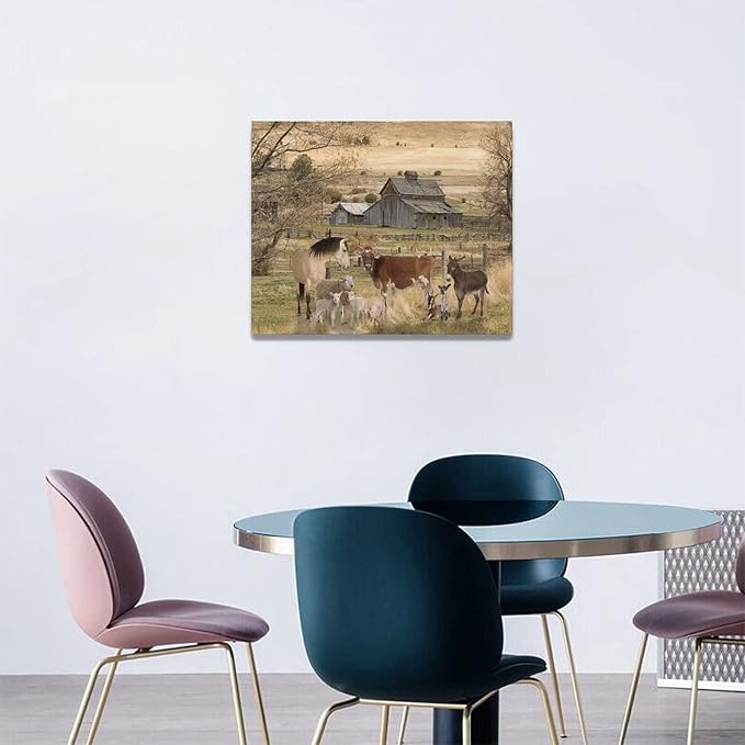 yerretin Farm Animal Wall Art Country Old Barn Pictures Wall Decor Rustic Canvas Print Farmhouse Landscape Painting Modern Home Artwork for Living Room Bedroom Bathroom Office Framed, 20"x16"