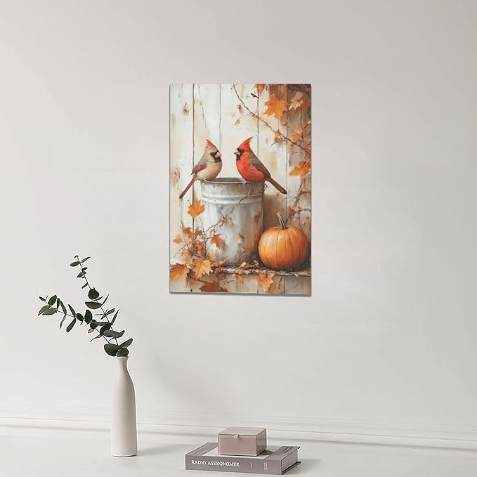 Fall Cardinal Wall Art Autumn Pumpkin Leaf Pictures Wall Decor Cardinals Canvas Painting Modern Artwork Home Decoration for Living Room Bathroom Bedroom Office Framed 16"x24"
