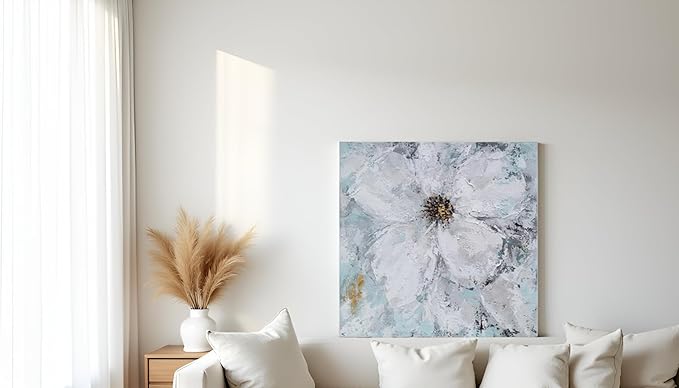 Yihui Arts White Flower Painting - Hand Painted Grey Floral Canvas Wall Art for Home Decor