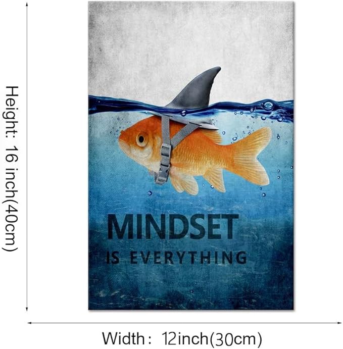 Goldfish Shark Canvas Wall Art Inspirational Entrepreneur Quotes Poster Mindset is Everything Motivational Painting Picture Print Artwork for Living room Bedroom Office Home Decor Framed (12" Wx16 H)