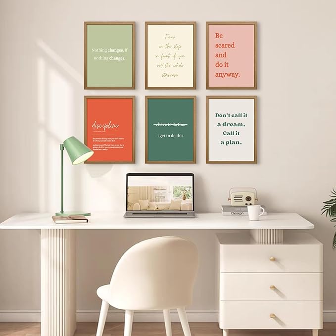 Office Wall Art Motivational Posters Inspirational Quote Canvas Wall Decor Office Positive Pictures Inspirational Classroom Art Motivational Work Prints for Gym Home 8x10 Inch Framed Set of 6
