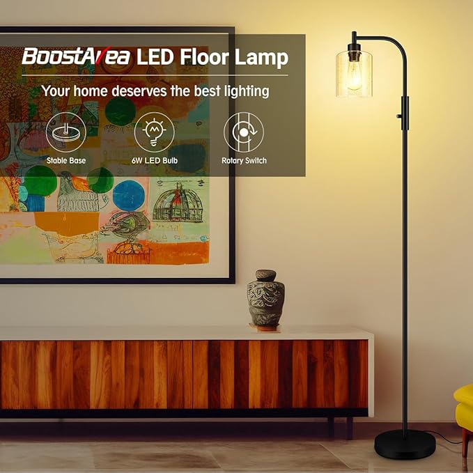BoostArea Dimmable Standing Lamp with Seeded Glass Lampshade, 6W LED Bulb Included, Modern Industrial Lamp for Living Room, Bedroom, Office