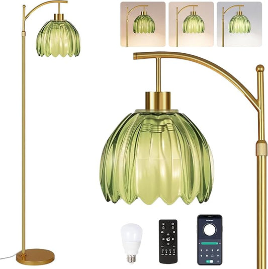 Glass Floor Lamp for Living Room,Bedroom,Gold Mid Century Modern Standing Lamp with Remote,Dimmable Brass Tall Lamp Vintage Tulip Green Arc Flower Floor Light Boho Bohemian