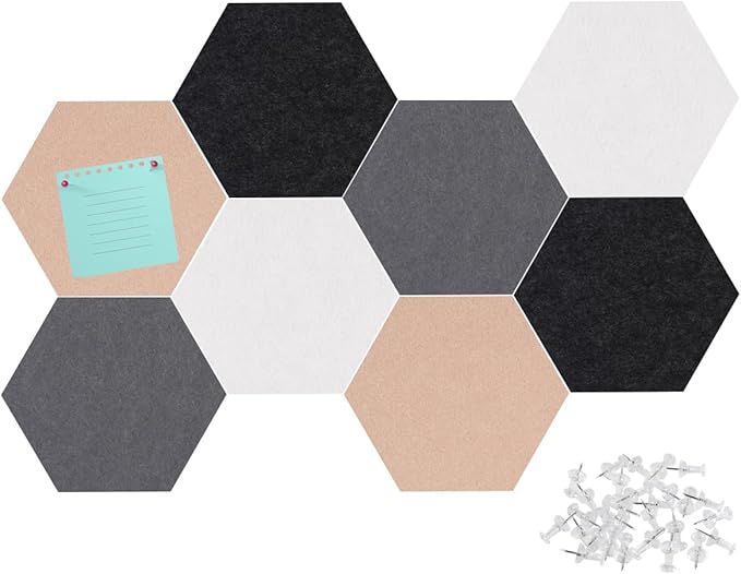 Felt Bulletin Board Tiles, 8 Pcs Hexagon Wall Tiles with Removable Adhesive, 7.9×6.9 Inch Cork Pin Board for Classroom, Home, Office (Set C, Middle)