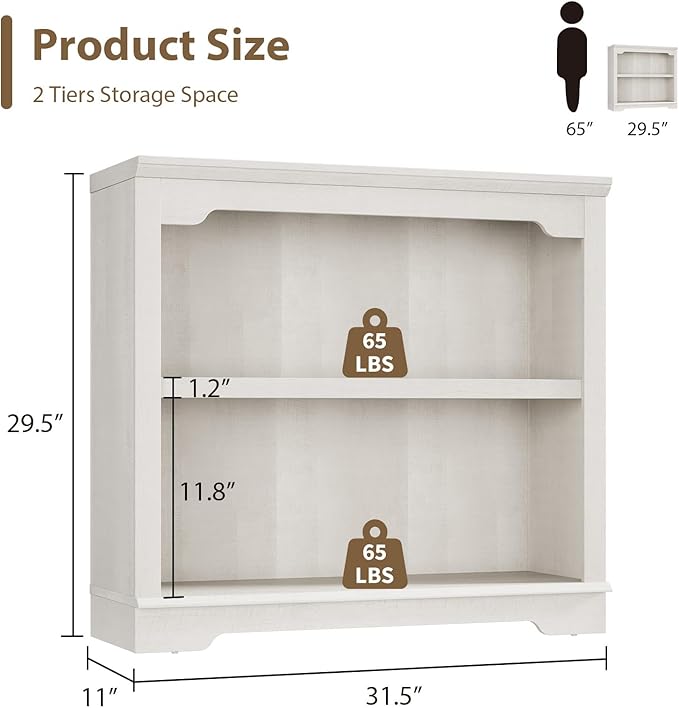 HIFYOBRO 2 Tier Bookshelf, 31.5" Wide Wooden Bookcase, 25.8" Tall Book Shelf, Freestanding Open Display Storage Bookshelves for Study Room, Home Office, Living Room (White, 2-Shelf)