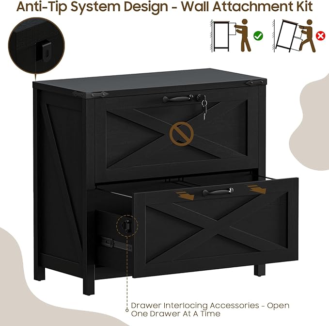 Farmhouse File Cabinet, Lateral Filing Cabinet with 2 Drawers with Lock for Letter/A4 Size Hanging Files, Large Wooden Printer Stand File Storage Cabinet for Home Office, Rustic Black