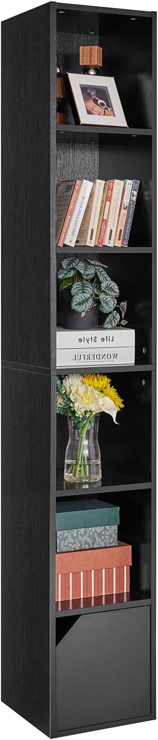 IBUYKE 6 Tier Narrow Bookcase with Doors, Cube CD DVD Storage Cabinet,Slim Media Tower Rack,Cabinet,Black Bookcase Display Storage Shelves for Small Spaces,for Home Office Black UWBC001B