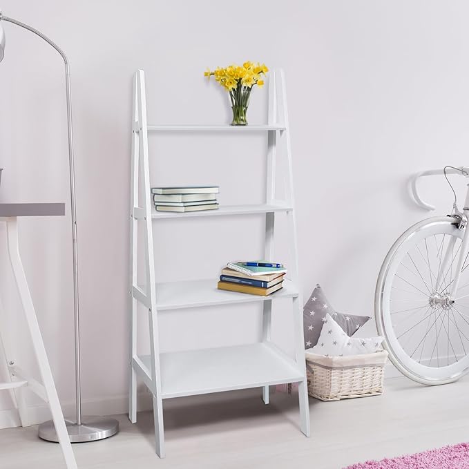 Casual Home 100% Solid Wood 4-Shelf Ladder Bookcase, Standard, 60" H, White