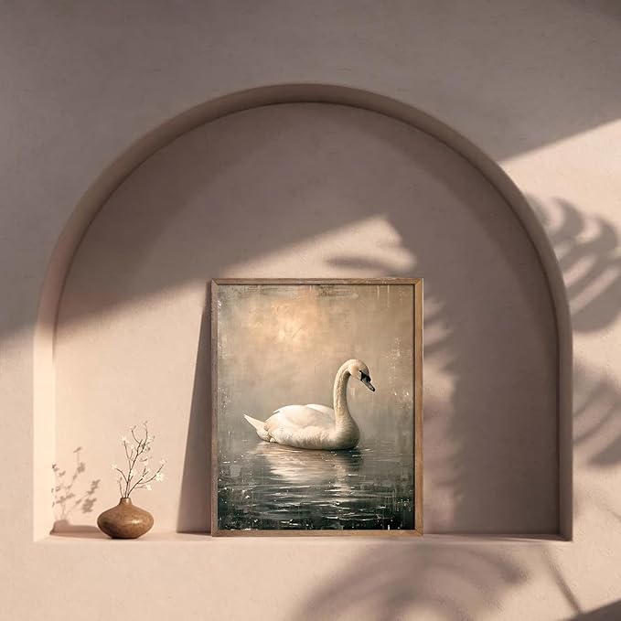 Kizbok Vintage Wall Art Decor Neutral Swan Canvas Prints Farmhouse Wall Decor Rustic Swan Vintage Art Pictures for Nursery Bedroom Bathroom Office Decor(12" x 16"-UNFRAMED)