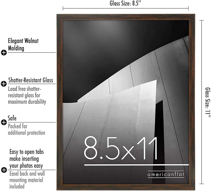 Americanflat 8.5x11 Picture Frame with Shatter-Resistant Glass - Streamline Collection - Thin Border Photo Frame for Tabletop and Wall Display - Hanging Hardware and Easel Stand Included - Walnut