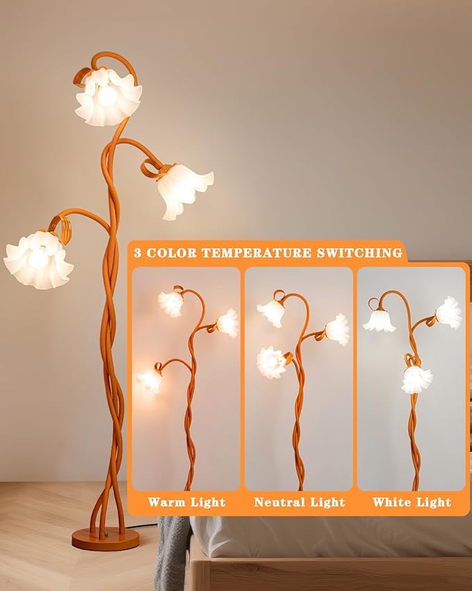 Flower Standing Lamp for Bedroom - 3 Color Temperatures Decorative Flower Tall Floor Reading Lamp with Flexible Neck for Bedroom Living Room Office Corner (Orange)