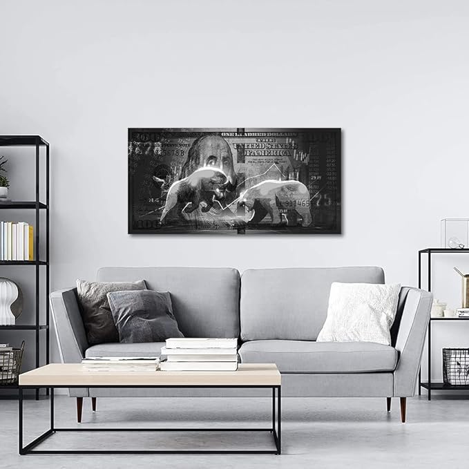 Wall Street Charging Bull Bear Canvas Paintings 100 Dollar Bill Money Poster Wall Art Picture Office Wooden Framed Easy and Ready to Hang-48 inch x 24 inch