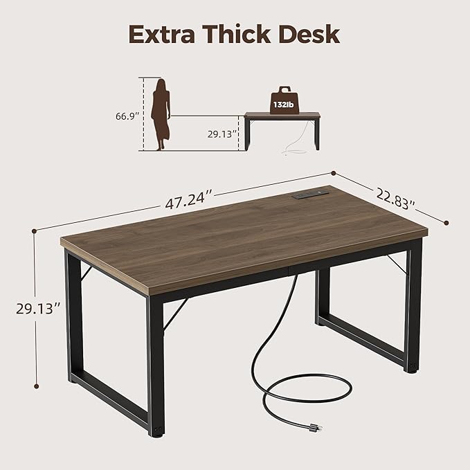 Mericonia 48 Inch Computer Desk with Power Outlets, 1.2" Thick Heavy Duty Industrial Office Desk, Modern Simple Study Writing Table for Home Bedroom Workstation, Walnut