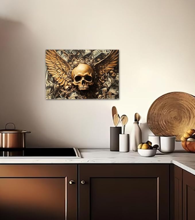 Money Wall Art Winged Skull and Dollar Posters Wall Decor Gothic Abstract Dark Canvas Print Artwork Suitable for Home Office Living Room Decor Ready to Hang 12X16inch