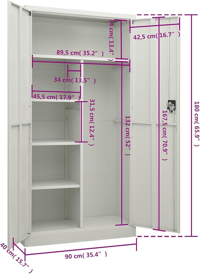 vidaXL Locker Cabinet, Lockable File Cabinet with 2 Doors and 4 Shelves, Locking Cabinets for Office Home Gym School, Industrial, Light Gray Steel